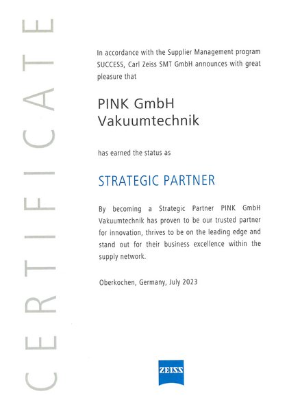 Als strategischer Partner hat die PINK GmbH Vakuumtechnik bewiesen, dass sie ein verlässlicher Partner für Innovationen ist, der sich an der Spitze des Marktes bewegt und sich durch seine Business Excellence innerhalb des Liefernetzwerks auszeichnet.